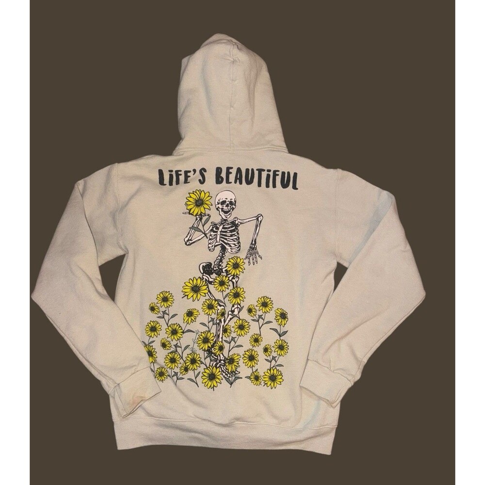 Bowery Supply Co Beige Cotton Fleece Pullover Hoodie Skeleton Graphic Mens S